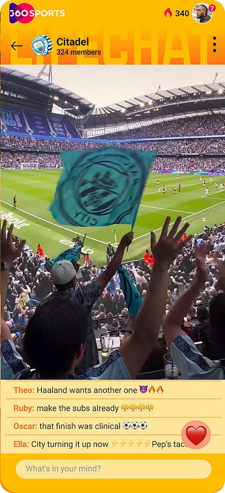 360Sports Engage vertical — the Citadel live chat over a Manchester City match, with fans and real-time fan messages.