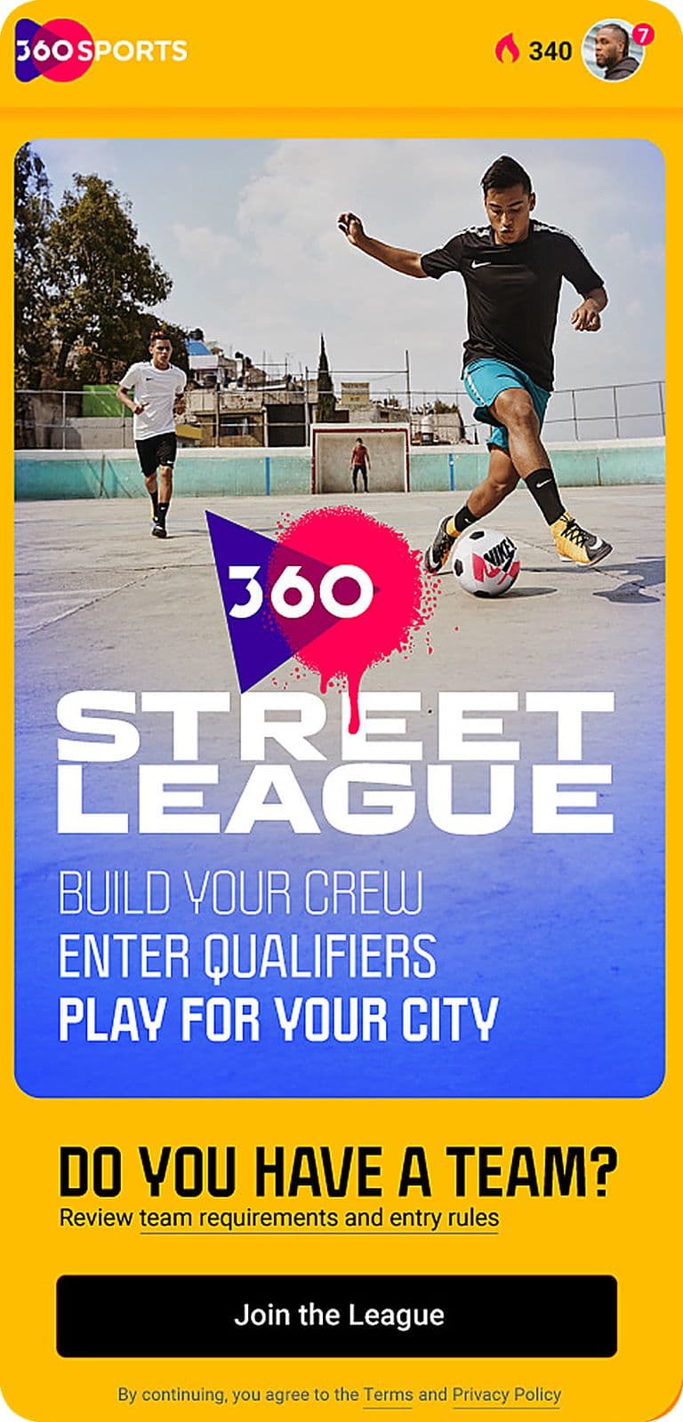 360Sports Play vertical — the 360 Street League sign-up screen with street footballers and a “Join the League” call to action.