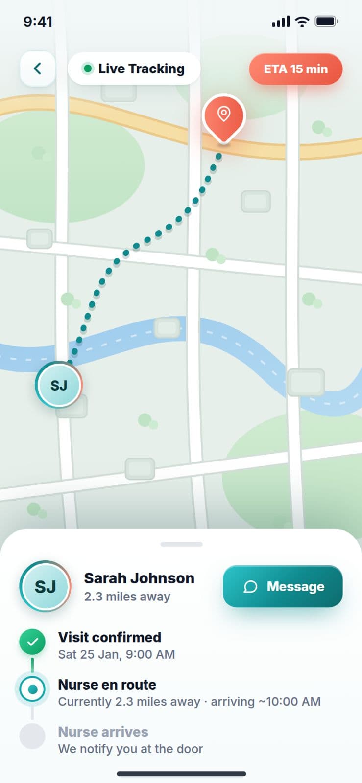 Pryvate Location — Live Tracking screen showing a field visit en route with ETA