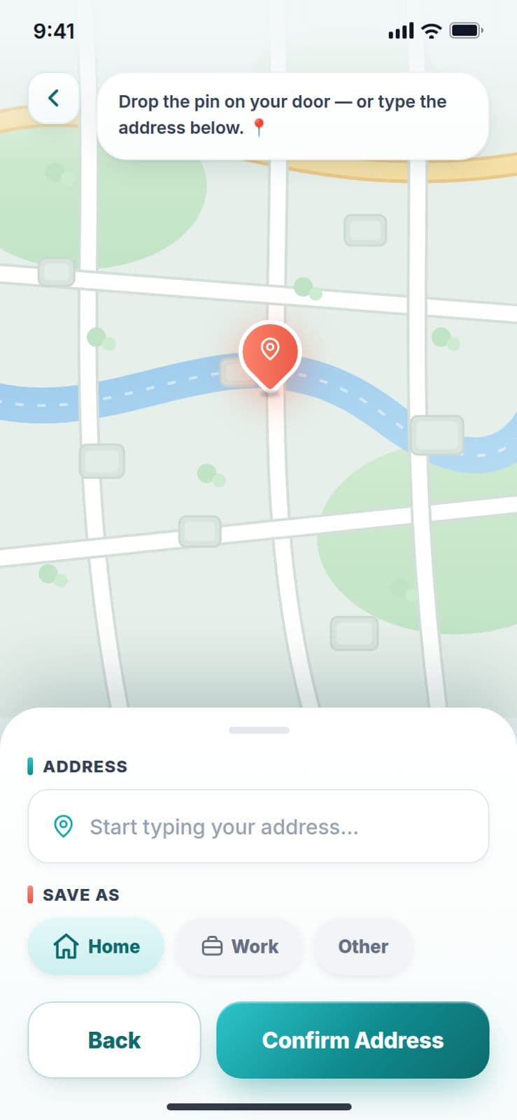 Pryvate Location — Maps screen with a pin dropped on a street to set an address