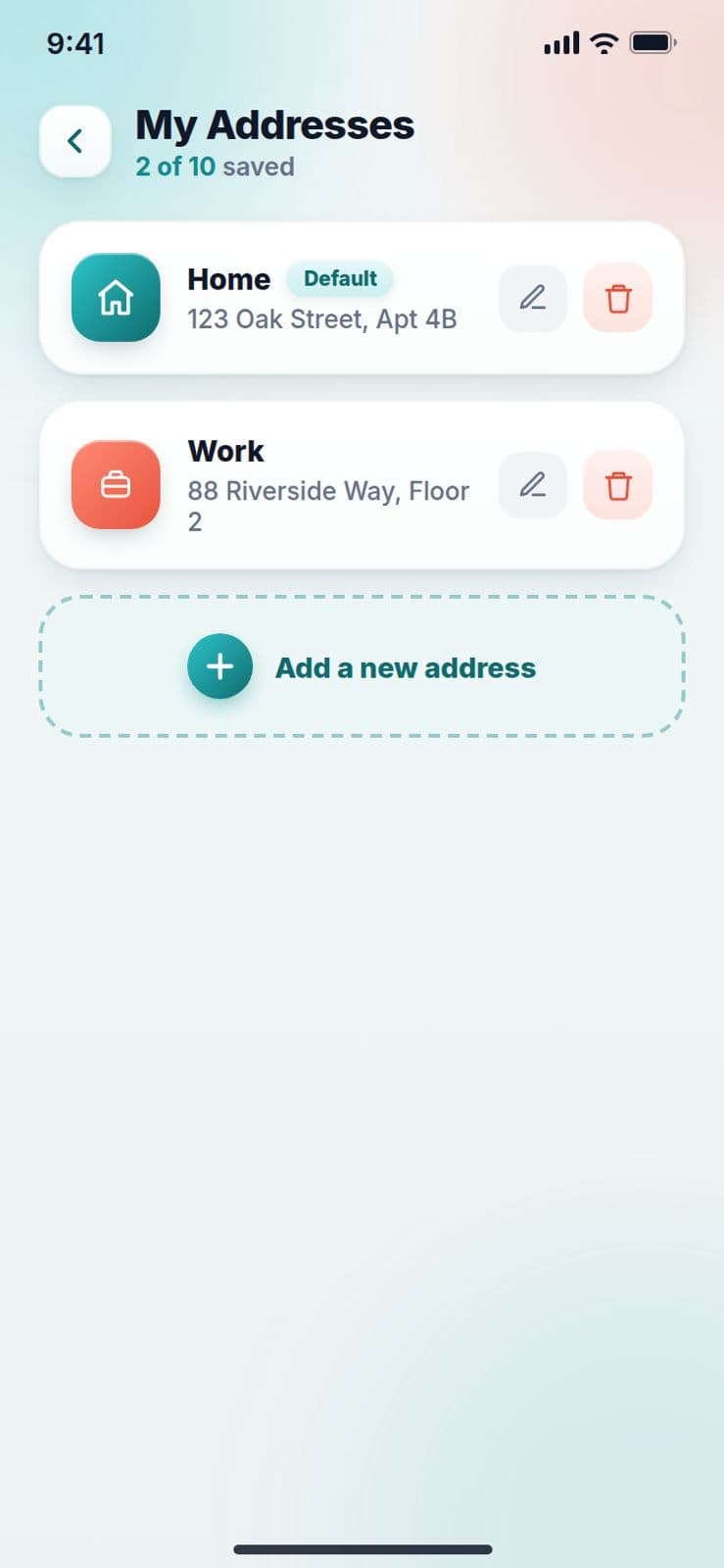 Pryvate Location — My Addresses screen listing saved home and work addresses