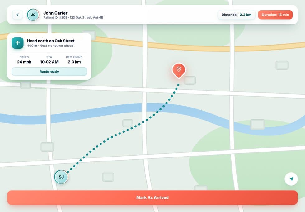 Field app en-route navigation: turn-by-turn guidance to a patient visit with distance, duration, speed and live ETA, and a mark-as-arrived action.