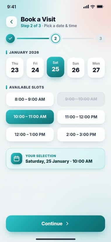 Client app booking flow, step two: picking a date and time from live appointment slots, with unavailable slots struck through.